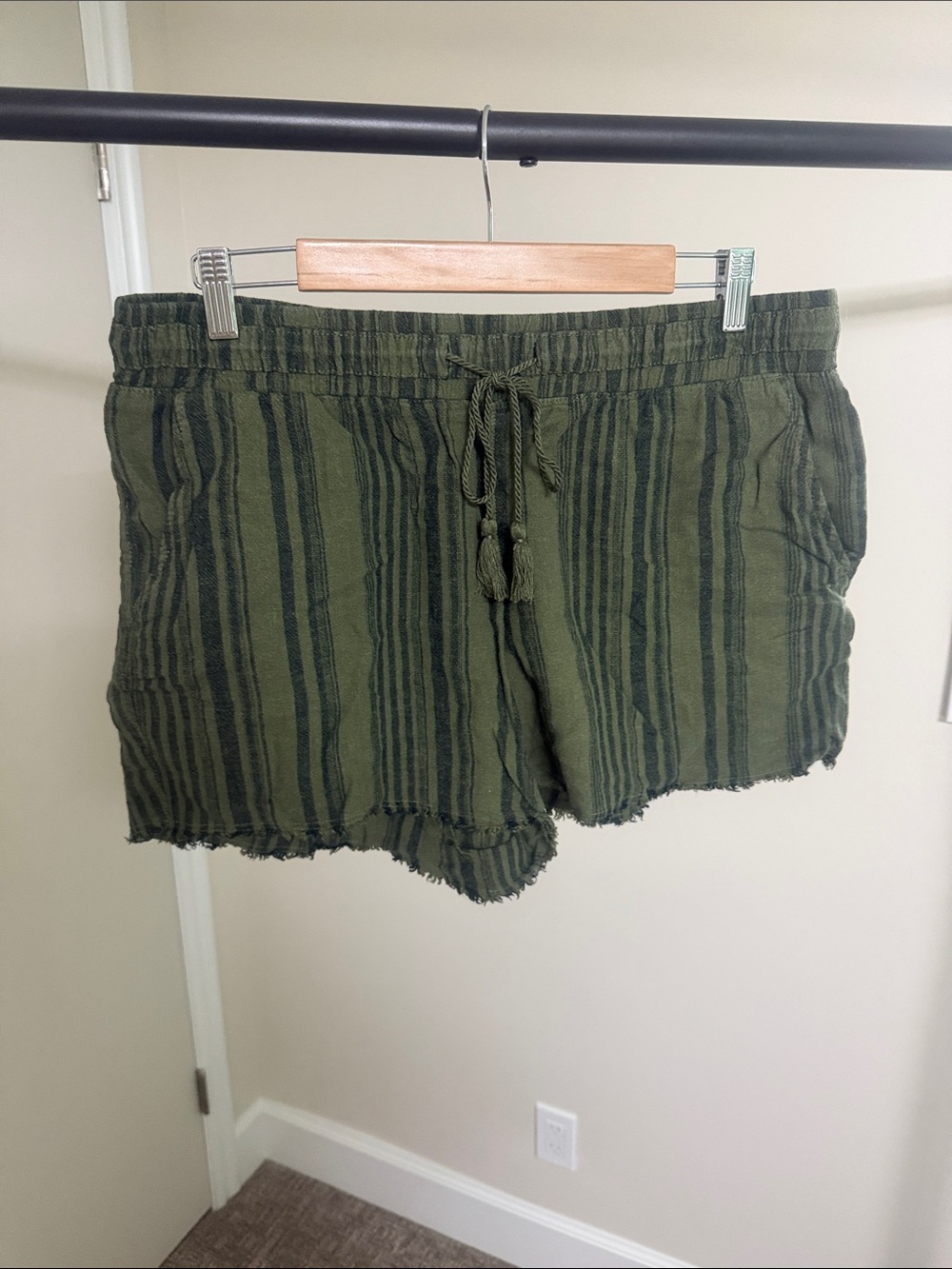 Time and Tru Olive Green Striped Drawstring Shorts